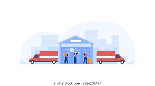 People working in delivery distribution warehouse. Warehousing and delivery service. Transport vehicle. Vector illustration