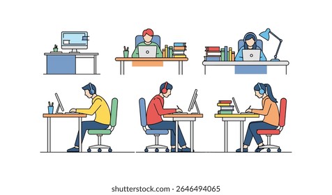 People working at desks with computers and other office supplies flat design