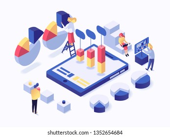 People working with different types of diagrams, charts and information processions. Workers analyse and filter important kinds of digital materials near big tablet isometric vector illustration