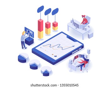 People working with different types of diagrams, charts and information processions. Workers analyse isometric vector illustration