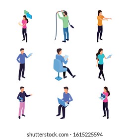 people working digital gadgets data technology internet set icons vector illustration