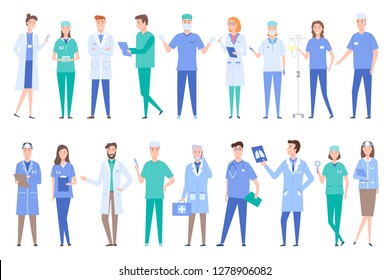 People working as doctors wearing gowns uniforms vector. Set of specialized professionals dealing with treatment and prescriptions surgeons with x ray. Set of peoples work in clinic flat style