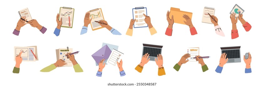 People working with documentations, folders and laptops, planning and brainstorming. Vector isolated hands with declarations and computers, top view. Students or office workers studying or working