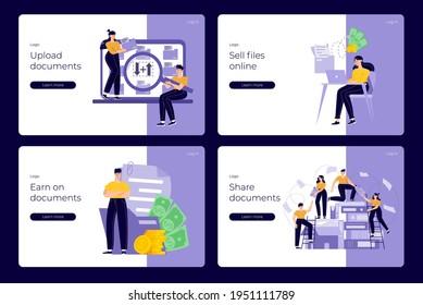 People working with documents illustration set. Man and woman stand on ladder at on huge stack of paper document folders and boxes. Woman earn money by uploading documents. Man holding big loupe