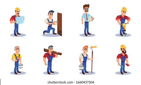 People Working as Engineers and Builders and Repairman Flat Cartoon Vector Illustration. Man Holding Plans and Schemes for building. Male Carrying Tools such as Bucket, Drill, Glass, Brush.