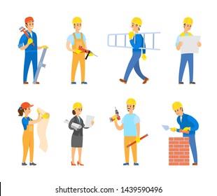 People working as engineers and builders vector, man and woman with list of tasks, plans and schemes for building. Male carrying ladder and tools