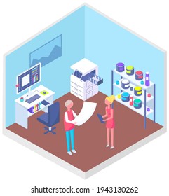 People working with equipment and shelving with paints. Office technique vector illustration