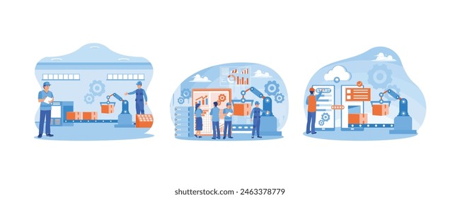 People working in factory industry. Industry 4.0 with advanced technology. Wireless technology in smart industry. Smart industry concept. Set flat vector illustration.