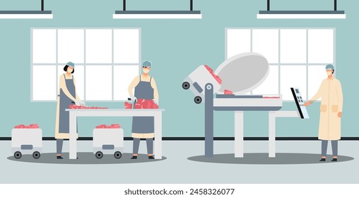 People working in factory of meat products. Vector of factory product meat, production and processing technology illustration