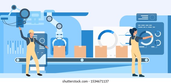 People working at factory. Operational workers, conveyor belt, assembly line. Industry concept. Vector illustration for topics like production, machine, blue color