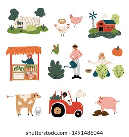 People Working at Farm and Garden Set, Agricultural Workers Gathering Crop, Selling Vegetables, Husbandry and Poultry Breeding Vector Illustration