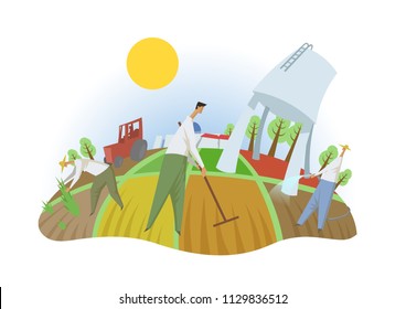 People working in the field, fisheye view. Farming, ecotourism, kibbutz. Colorful flat vector illustration. Isolated on white background.