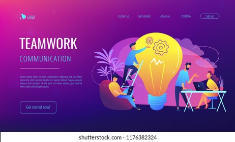 People working in friendly open space workplace. Coworking, freelance, teamwork, communication, interaction, idea, independent activity concept, violet palette. Website landing web page template.