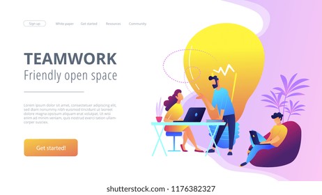 People working in friendly open space workplace. Coworking, freelance, teamwork, communication, interaction, idea, independent activity concept, violet palette. Website landing web page template.