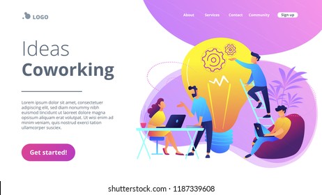 People working in friendly open space workplace. Coworking, freelance, teamwork, communication, interaction, idea, independent activity concept, violet palette. Website landing web page template.