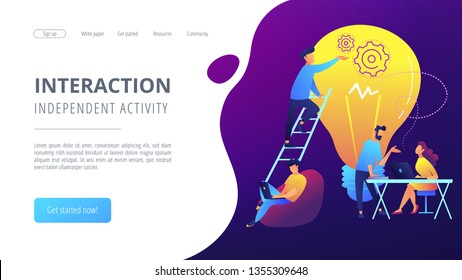 People working in friendly open space workplace. Coworking, freelance, teamwork, communication, interaction, idea, independent activity concept, violet palette. Website landing web page template.