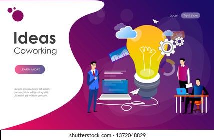 People working in friendly open space workplace. Coworking, teamwork, communication, interaction, idea, independent activity concept, violet palette. Website landing web page template.