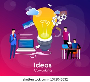 People working in friendly open space workplace. Coworking, teamwork, communication, interaction, idea, independent activity concept, violet palette. Website landing web page template.
