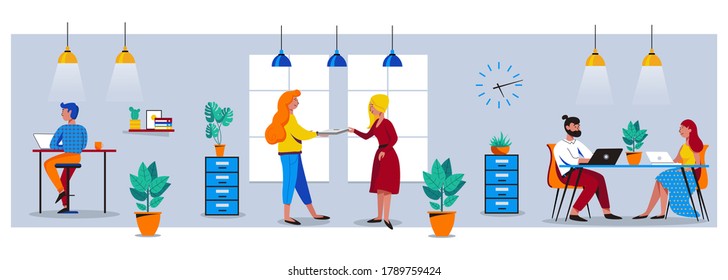 People working in friendly open space workplace. Coworking, freelance, teamwork, communication, interaction, idea, independent activity concept. Vector illustration on gray background
