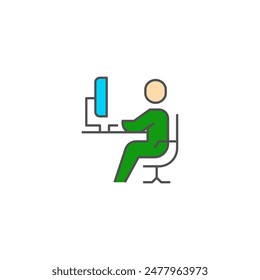 People working in front of computers, Simple Vector Color Line Icons, Illustration.
