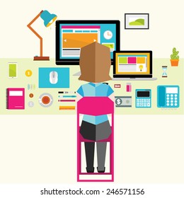 People Working In Front of Office Desk Vector Illustration