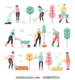 People working in garden design elements and icons in flat style. Vector set of characters, isolated on white background.