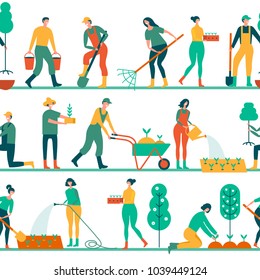 People working in garden design elements and icons in flat style. Seamless pattern