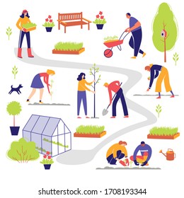 People working in garden design elements and icons in flat style. Vector set of characters, isolated on white background.