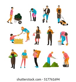 People working in garden design elements and icons in flat style. Vector set of characters, isolated on white background.