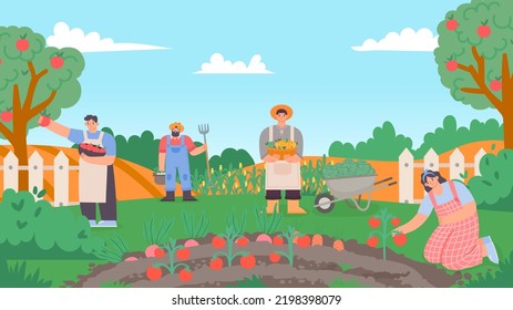 People working at garden or farm, collect harvest. Vector farm harvest, farmer plantation and collecting, farmland illustration concept