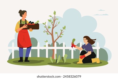 Personas trabajando en el jardín, cultivar árboles en el patio. Vector de agricultura verde, granja de plantas, cultivo de pasatiempo del trabajador, ilustración de patio trasero del medio ambiente, jardín de patio