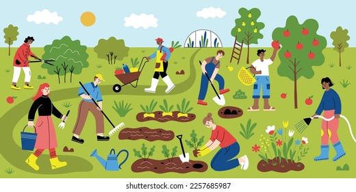 People working in garden, hand drawn gardening and farming scene, cartoon characters planting, digging, spring garden composition, doodle icons of garden beds, trees, flowers, vector illustration