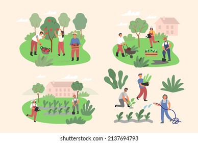 People working in garden vector. Man and Woman backyard with plants. Summer outdoor works