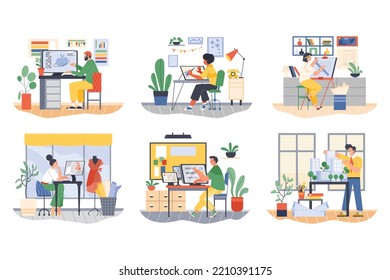 People working as graphic designer, architect, digital illustrator and seamstress, flat vector illustration on white. Set of designers office interiors with desks. Freelancers or office employees.