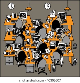People working The group of unrecognizable people is working in open-space on their computers. Color vector illustration.