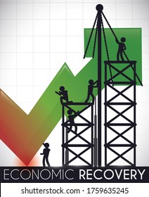 People working hard over scaffolds rising an arrow, symbolizing the teamwork and effort for Economic Recovery after crisis times.