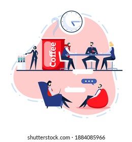 La gente está trabajando y teniendo un descanso en la oficina de espacio abierto.