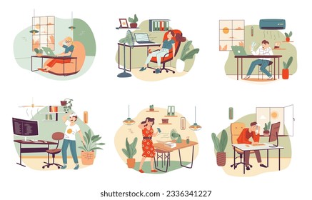 Gente trabajando en calor. Empleados agotados que sufren ola de calor de oficina sofocante, trabajadores sudorosos en un lugar de trabajo cálido trabajo difícil a temperatura caliente, ilustración vectorial del cansancio del clima y el calor