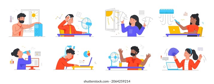 People working in heat. Set of employees suffering from high air temperature. Men and women open windows, turn on fans and air conditioners. Cartoon flat vector collection isolated on white background