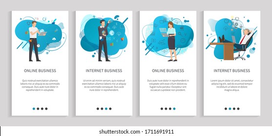 People working with help of computers vector, boss relaxing in office sitting by table with icons, woman with signed message and info digital data. Website or app slider, landing page flat style