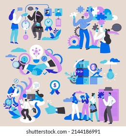 People working and helping together, cooperation and connection in business. Entrepreneurs and support, unity and integration. Financial assistance and solving problems. Vector in flat style