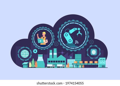 People working with Hi-Tech technology system control in factory workflow, infographic of industry 4.0 concept, isolated vector illustration 