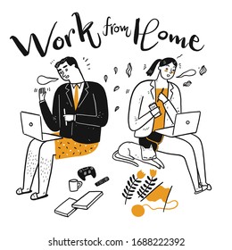 People Are Working Hobbies Together, Work From Home Concept, Hand Drawn, Vector Illustration Doodle Style.