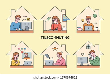 People Are Working At Home By Telecom. People Who Do Various Tasks In A House-shaped Frame. Flat Design Style Minimal Vector Illustration.