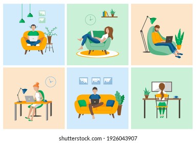 People working at home, coworking space. Young man and woman freelancers working on computers and notebooks at home.People at home in quarantine. Vector flat style.