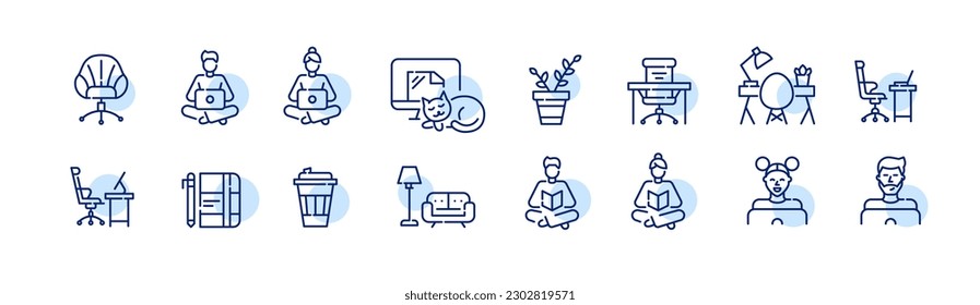People working from home. Desk and chair, people, laptop and desktop. Pixel perfect, editable stroke line icons set