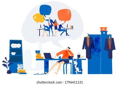 People working from home, distance working. Self isolation, quarantine and working from kitchen table. People dreaming go back to normal, work together, to solve problems and socialise 