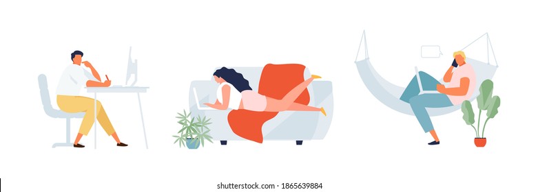 People working at home. Freelance and remote work. Distance learning students vector illustration