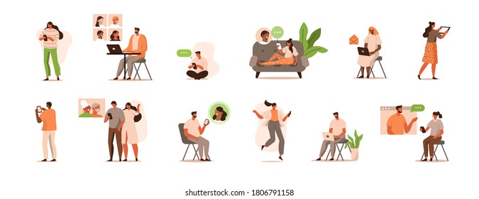 People Working at Home. Man and Woman using Smartphones, Tablets and Laptops. They Chatting, Talking by Video Call with Colleagues and Family. Characters Set. Flat Cartoon Vector Illustration.