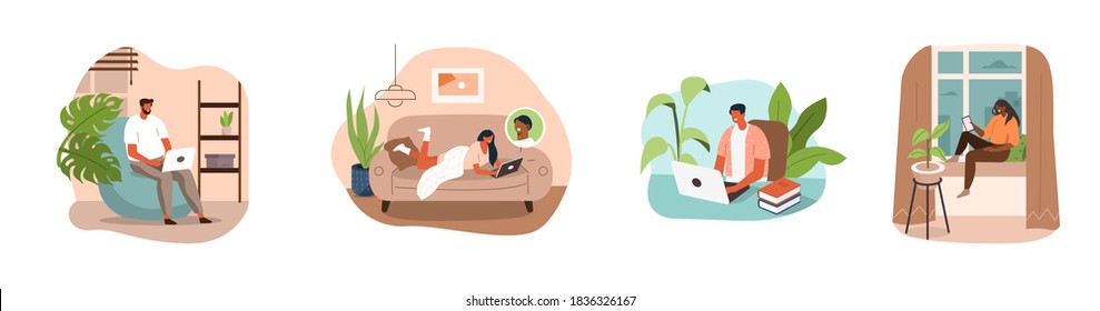 People Working at Home. Man and Woman using Smartphones and Laptops. They Chatting, Talking by Video Call with Colleagues, Family and Friends. Characters Set. Flat Cartoon Vector Illustration. 